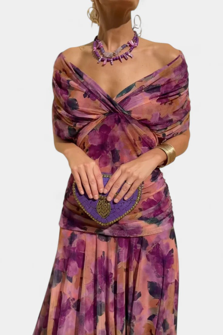 Women's Chiffon Maxi Dress – Printed V-Neck Short Sleeve