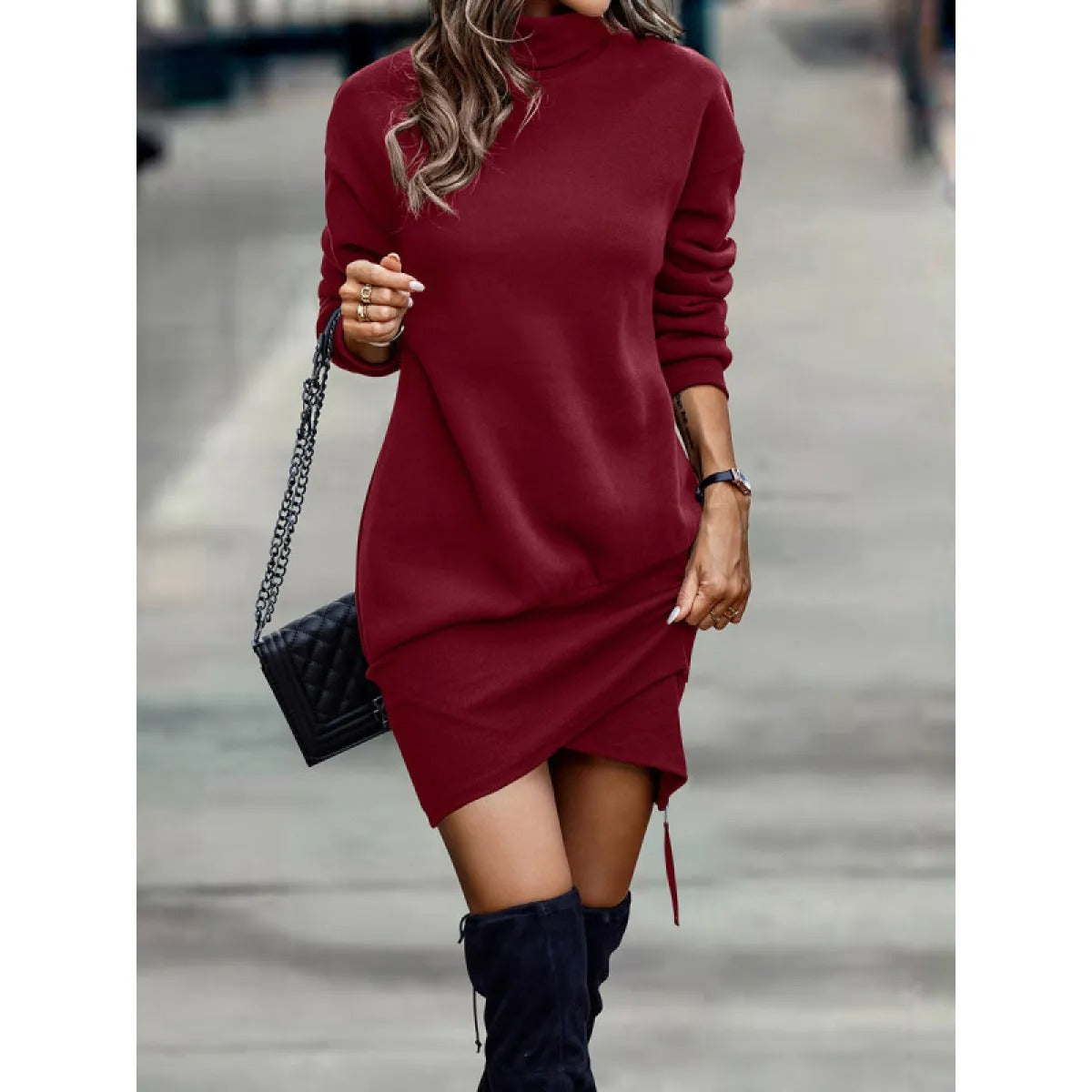 Women's Mini Dress – High Neck Asymmetric Hem