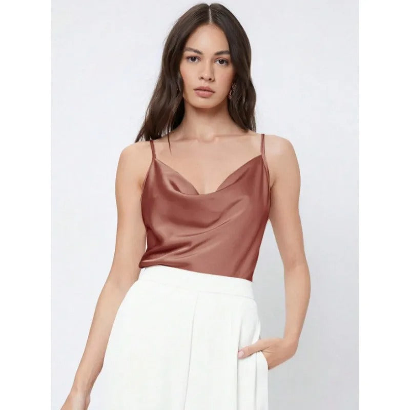 Women's Satin Cowl Neck Cami – Relaxed Draped Fit
