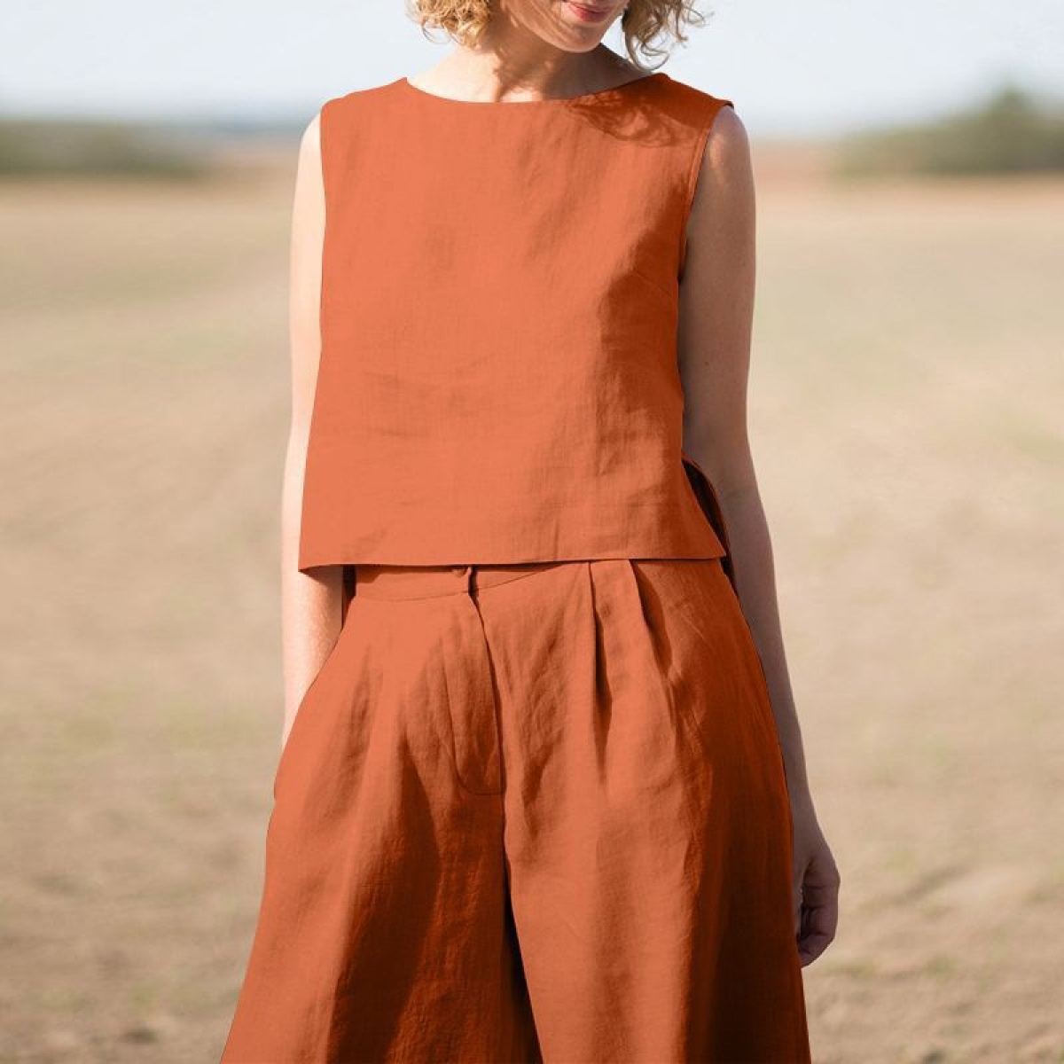 Women's Linen-Cotton Two-Piece Set – Wide-Leg Pants & Tank