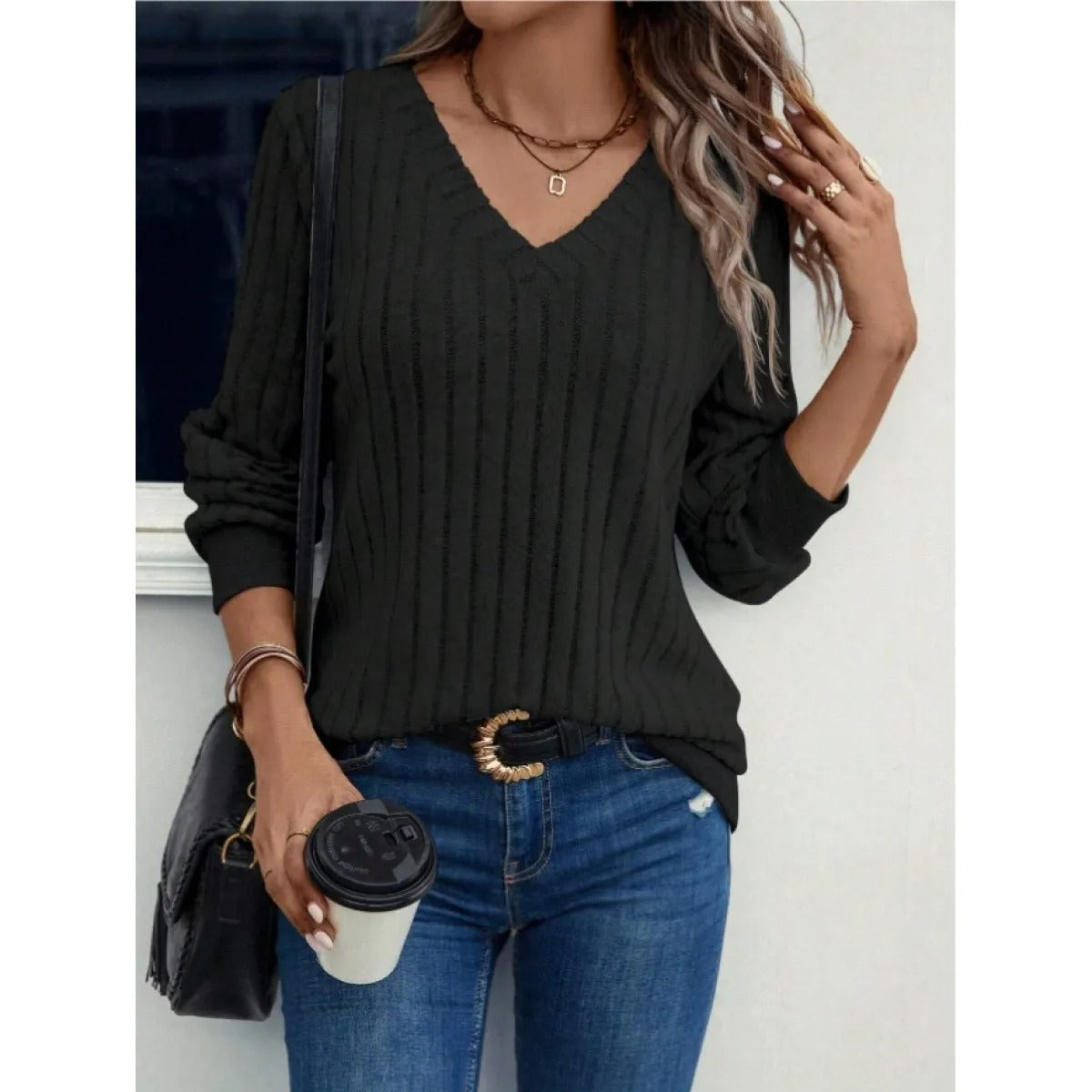 Women's V-Neck Brushed Top – Ribbed Stripe Texture