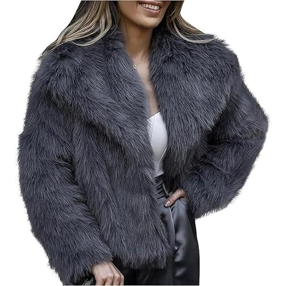 Women's Faux Fur Cropped Coat – Wide Lapel Open Front