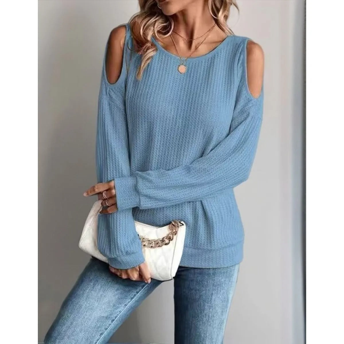 Women's Cold-Shoulder Textured Top – Long Sleeve Crew Neck