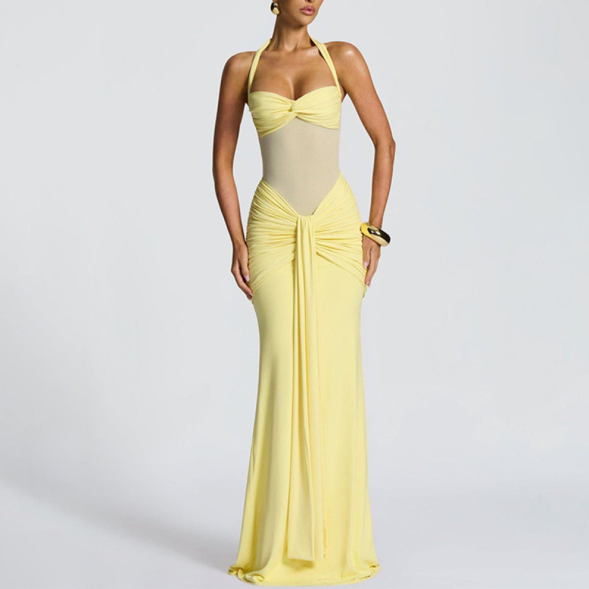 Women's Ruched Maxi Dress – Sheer Panel Detail