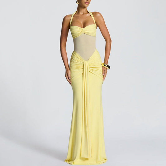 Women's Ruched Maxi Dress – Sheer Panel Detail