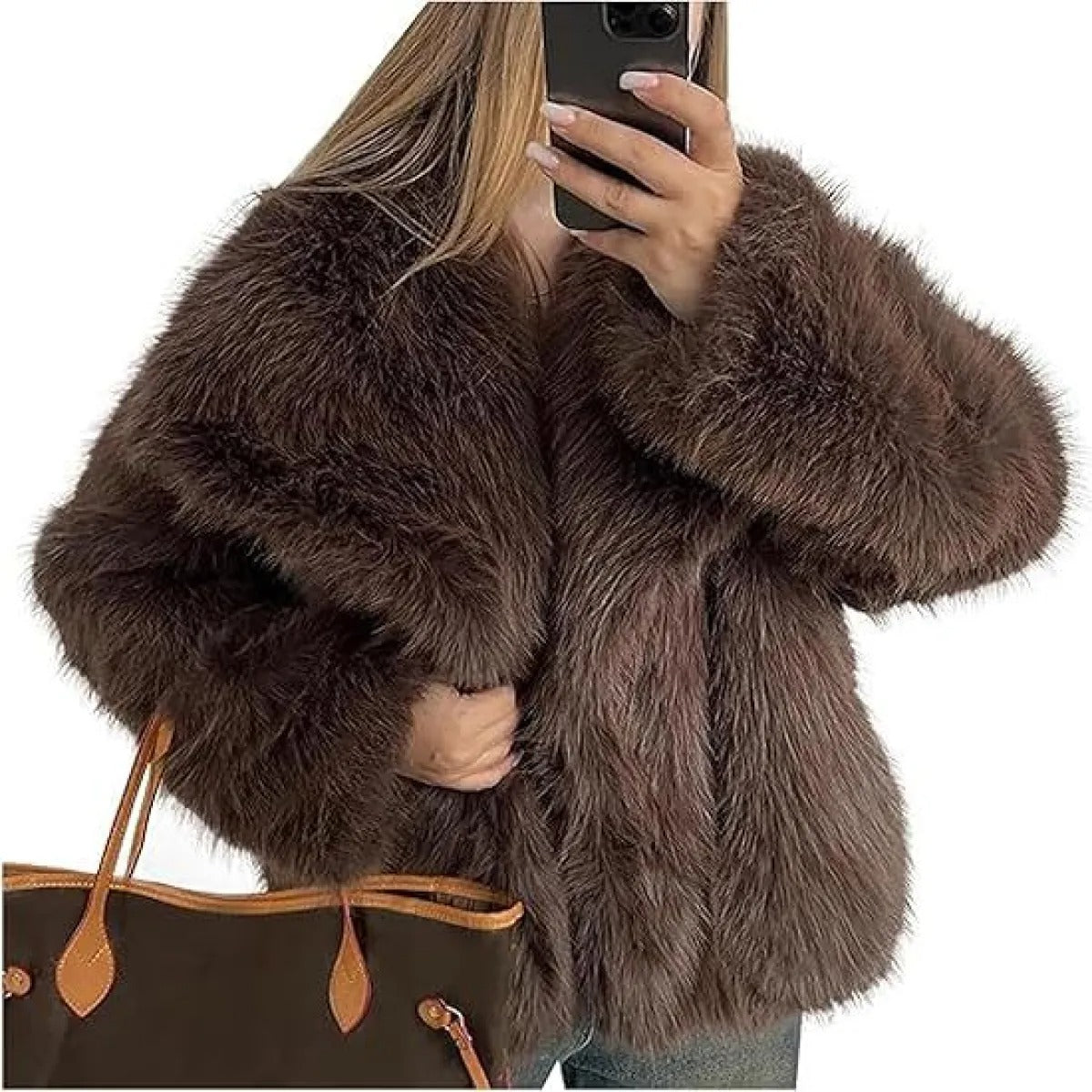 Women's Faux Fur Cropped Coat – Wide Lapel Open Front