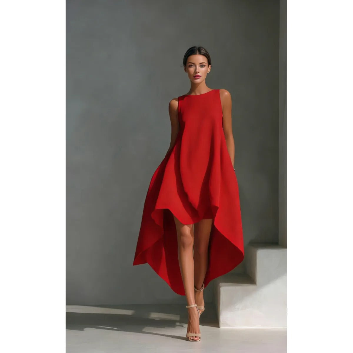 Women's Sleeveless Midi Dress – Asymmetric Flared Hem