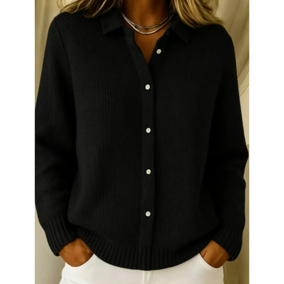 Women's Textured Knit Cardigan – Shirt Collar Button Front