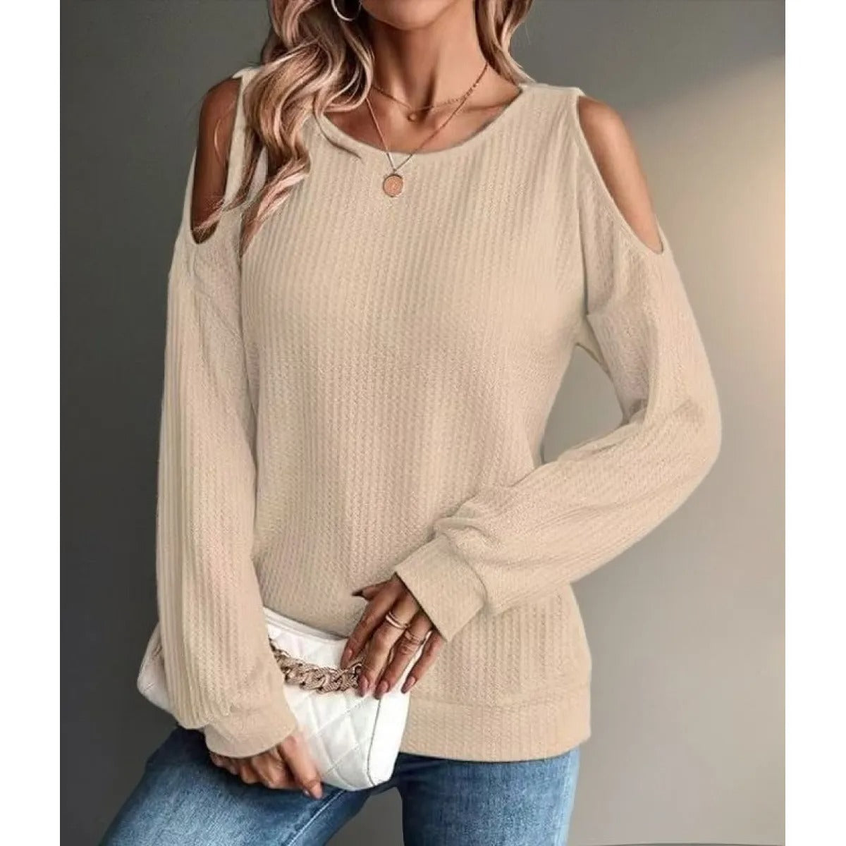 Women's Cold-Shoulder Textured Top – Long Sleeve Crew Neck
