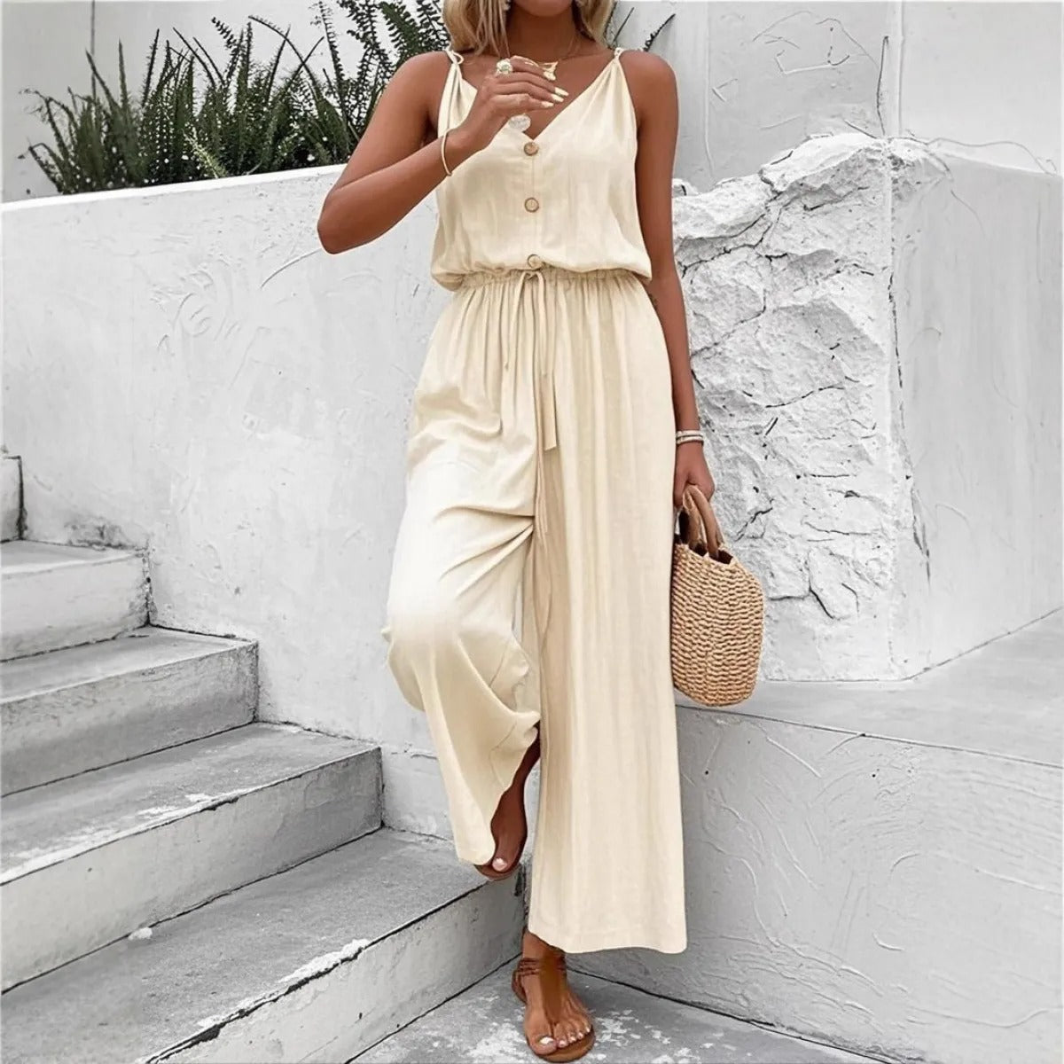 Women's Wide-Leg Jumpsuit – Sleeveless V-Neck Tie Waist