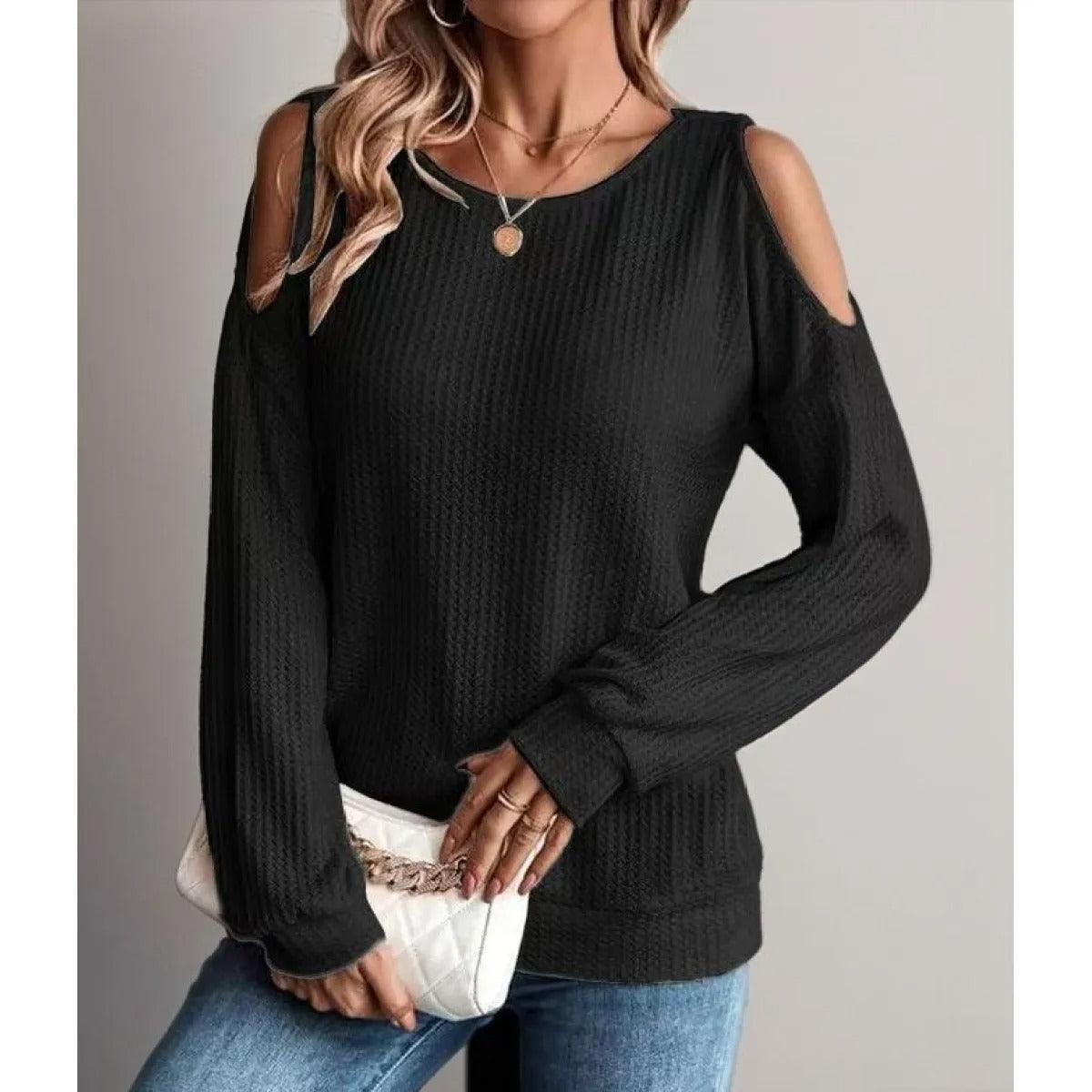 Women's Cold-Shoulder Textured Top – Long Sleeve Crew Neck