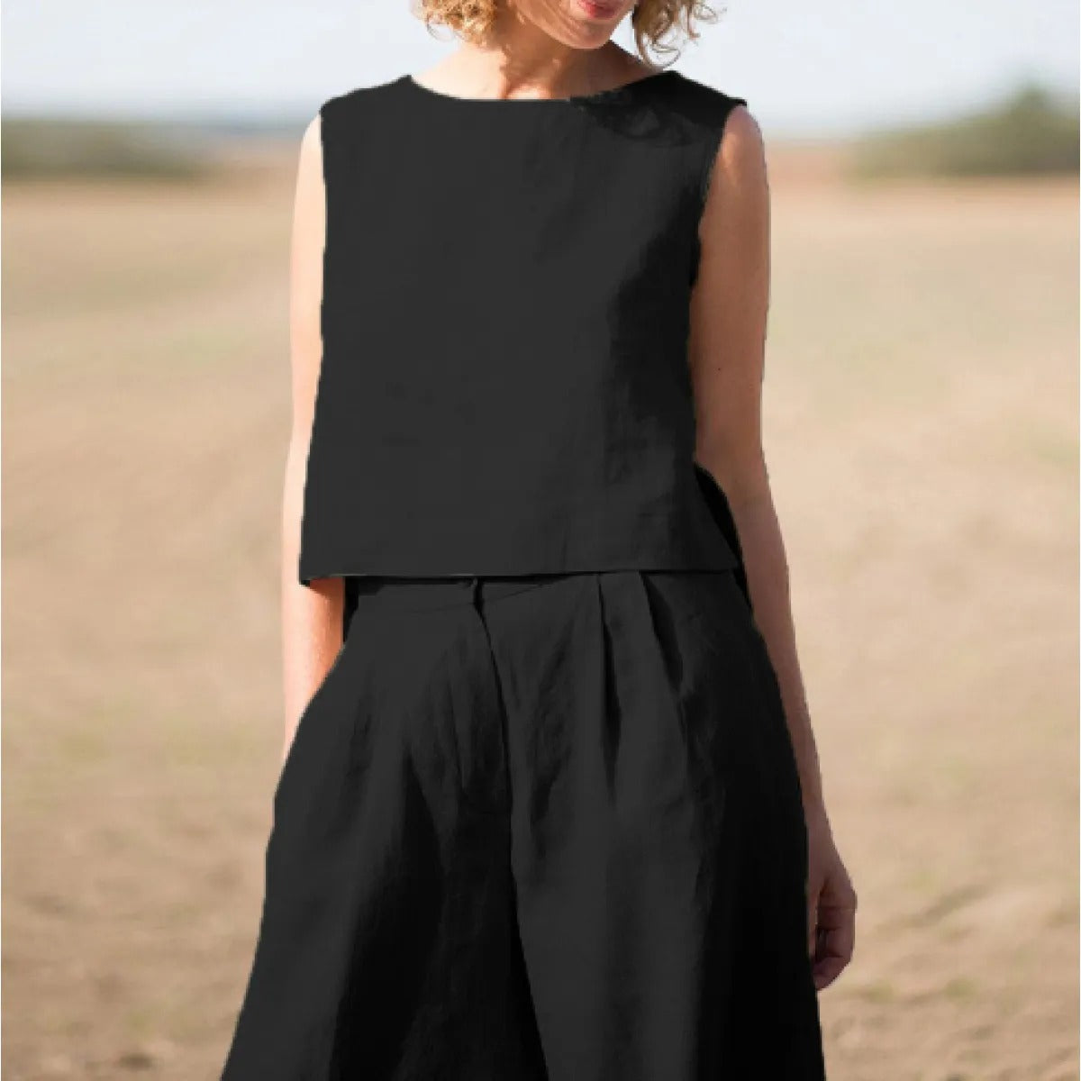 Women's Linen-Cotton Two-Piece Set – Wide-Leg Pants & Tank