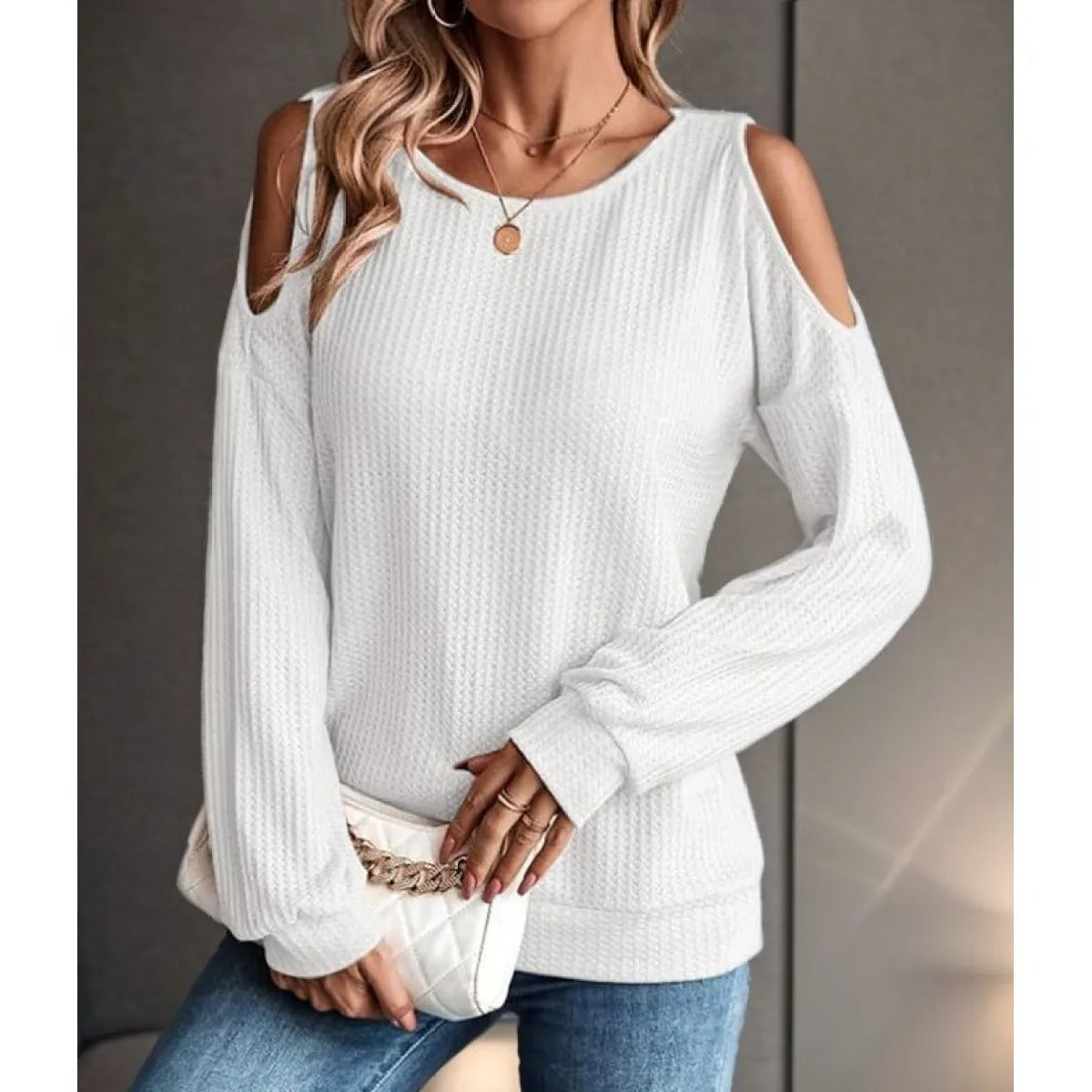 Women's Cold-Shoulder Textured Top – Long Sleeve Crew Neck