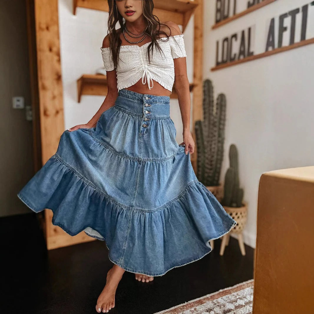 Women's Tiered Maxi Skirt – High-Rise Ruffled Flare