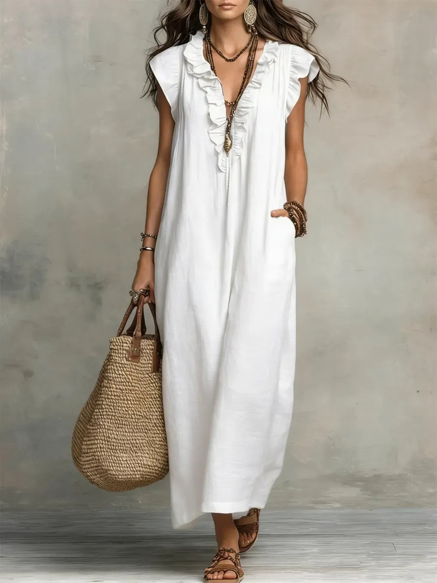 Women's Sleeveless Maxi Dress – Ruffle Trim with Pockets