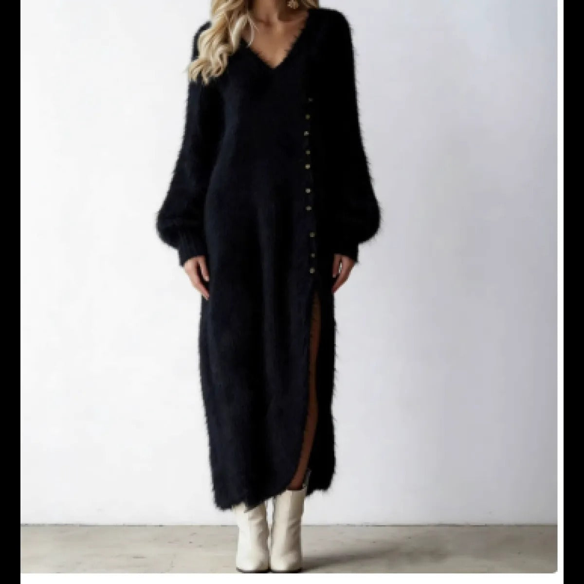 Women's Knit Maxi Dress – Buttoned Slit V-Neck