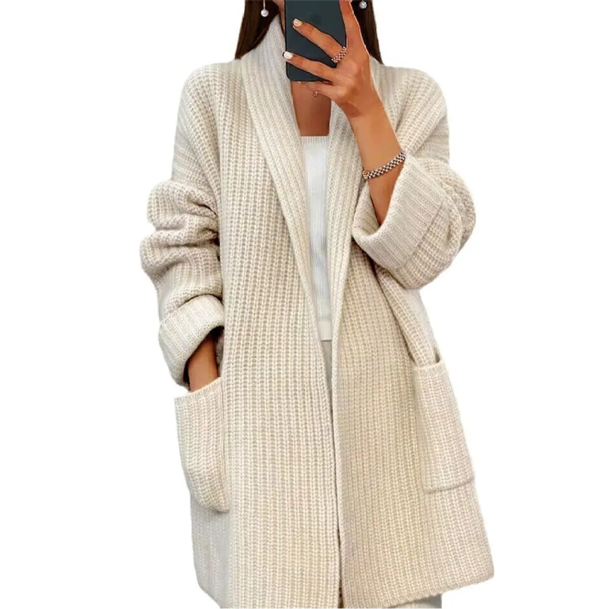 Women's Longline Knit Cardigan – Open Front with Pockets