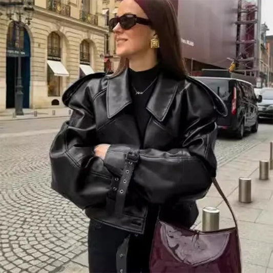 Women's Cropped Vegan Leather Jacket – Slim Lapel Collar