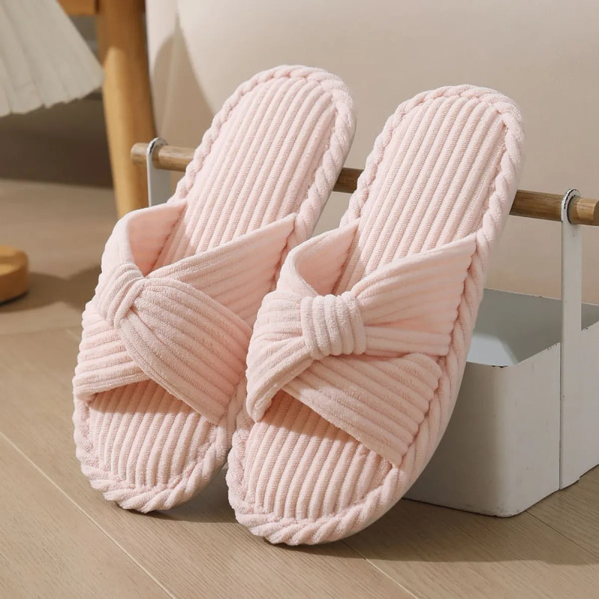 Unisex Plush Slippers – Crossover Strap Design