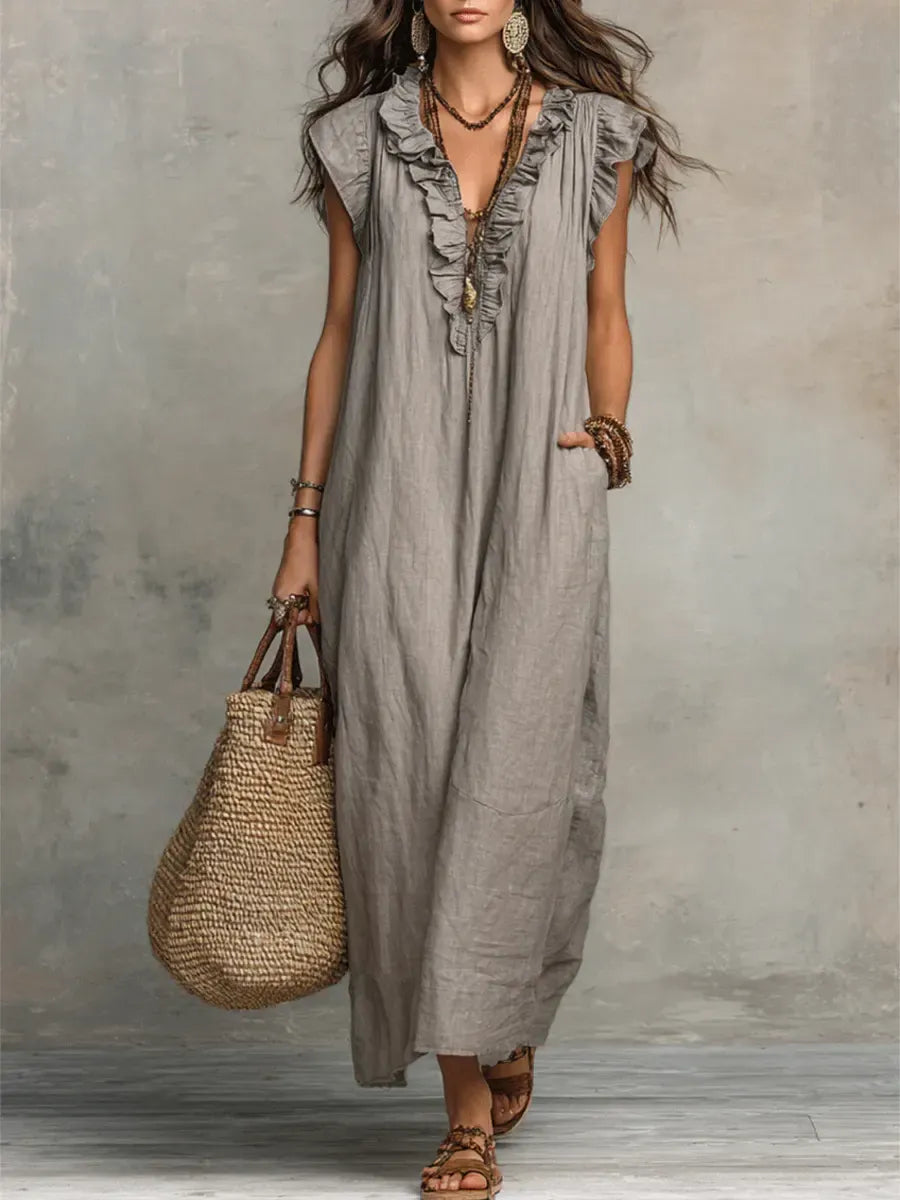 Women's Sleeveless Maxi Dress – Ruffle Trim with Pockets