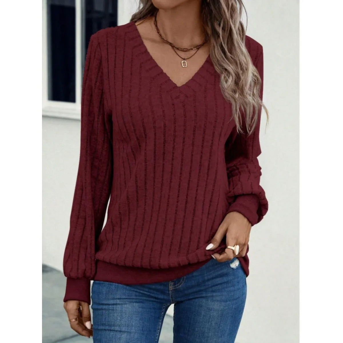 Women's V-Neck Brushed Top – Ribbed Stripe Texture