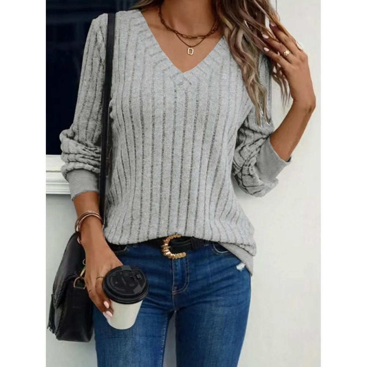 Women's V-Neck Brushed Top – Ribbed Stripe Texture