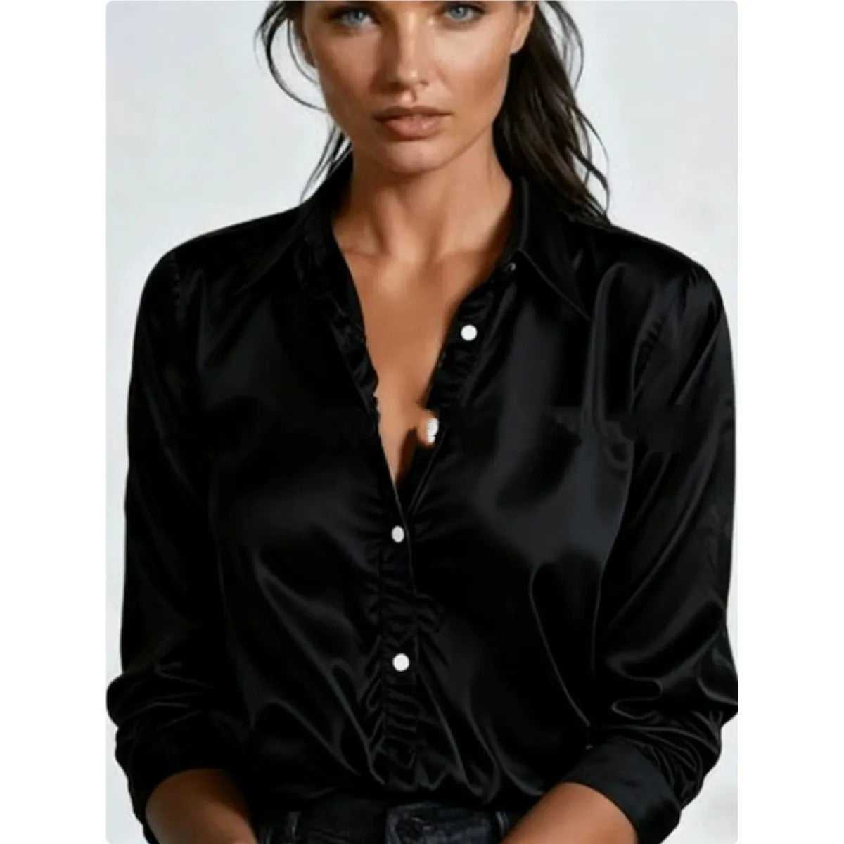 Women's Satin Button-Up Blouse – Relaxed Long Sleeve