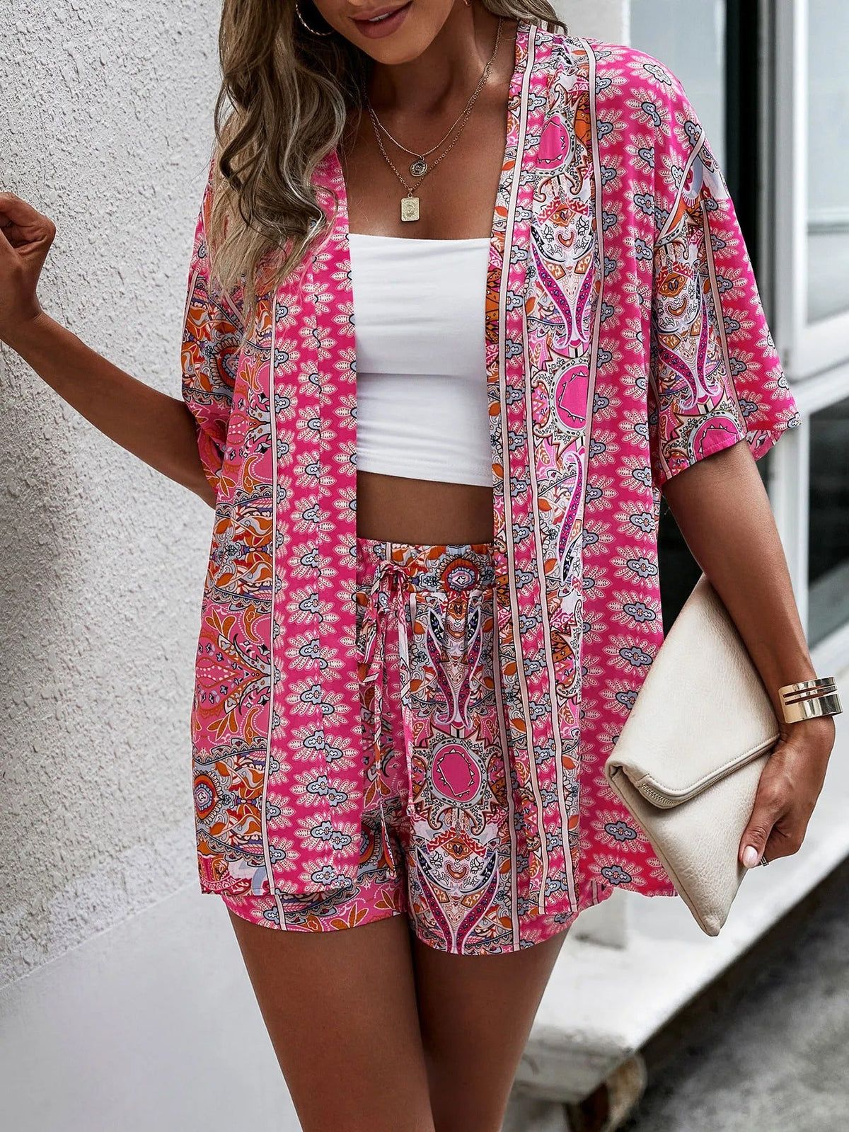 Women's Floral Kimono Two-Piece Set – Drawstring Shorts