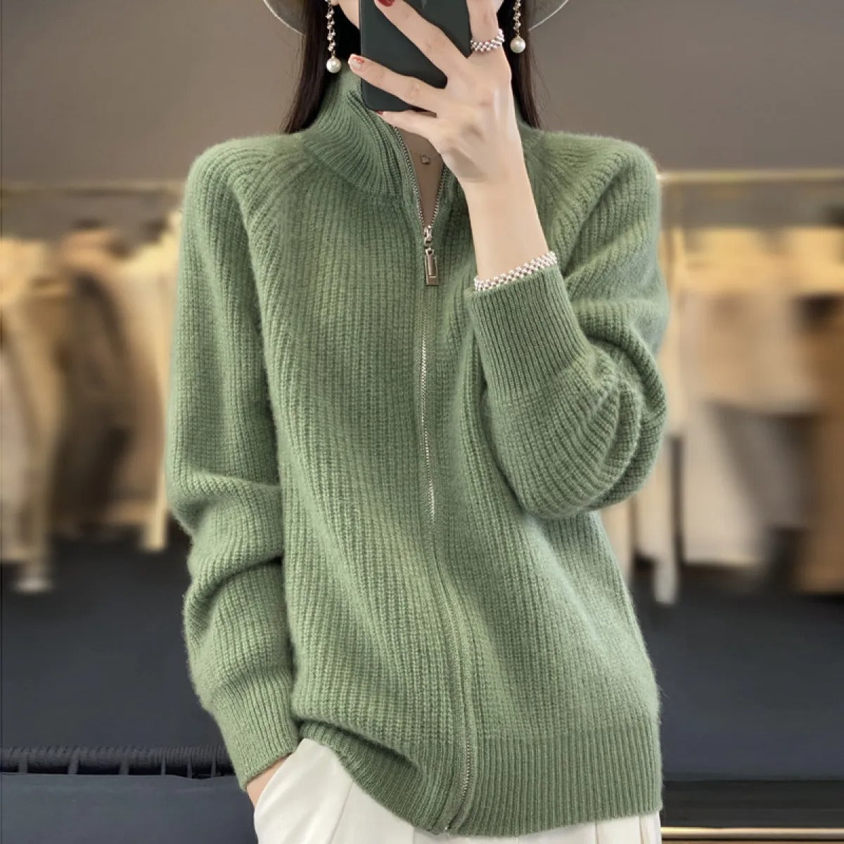 Women's Wool Cardigan – Zip-Up High Neck