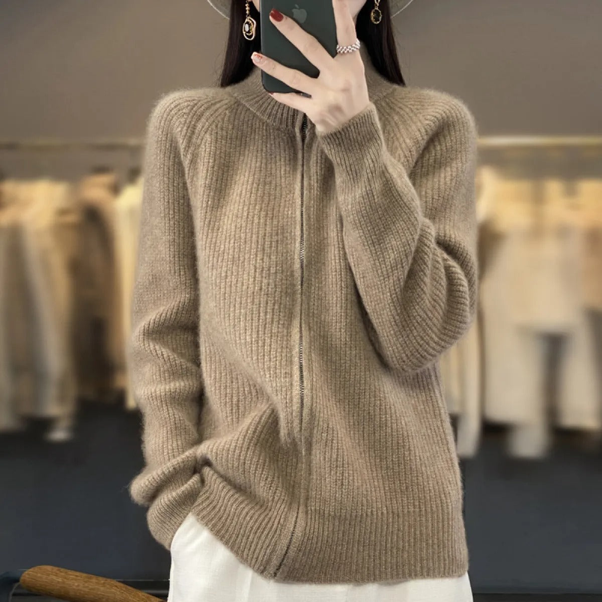 Women's Wool Cardigan – Zip-Up High Neck