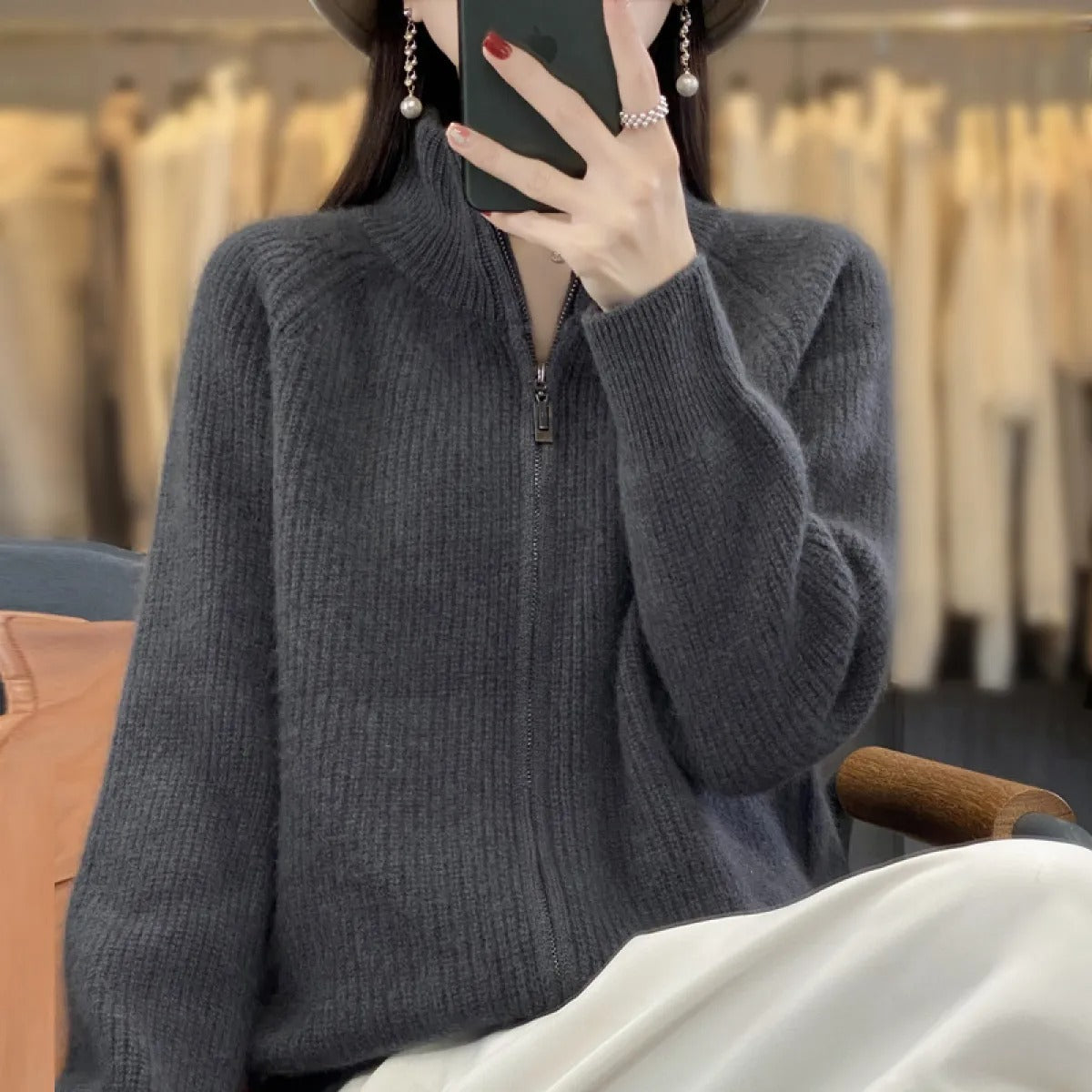 Women's Wool Cardigan – Zip-Up High Neck