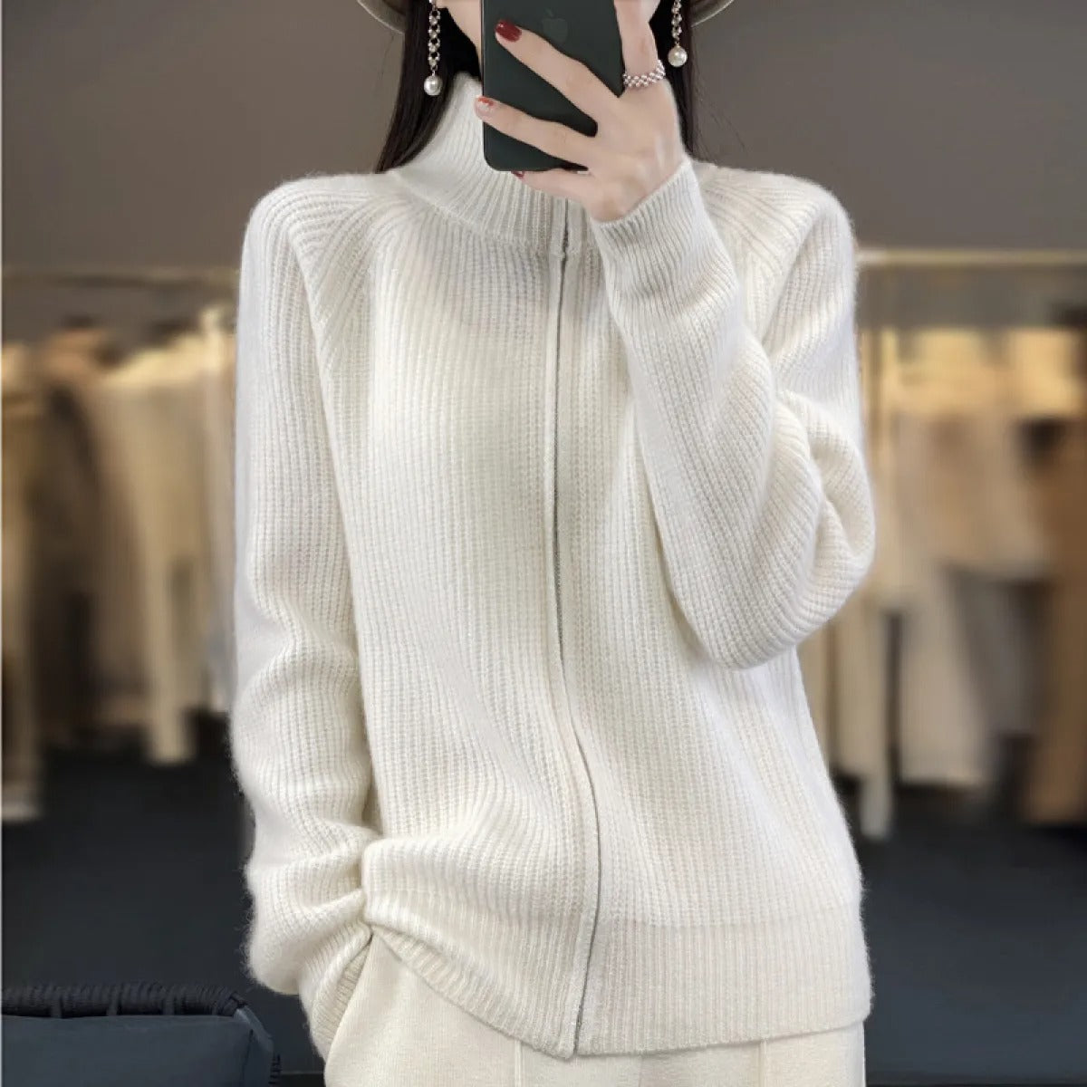 Women's Wool Cardigan – Zip-Up High Neck