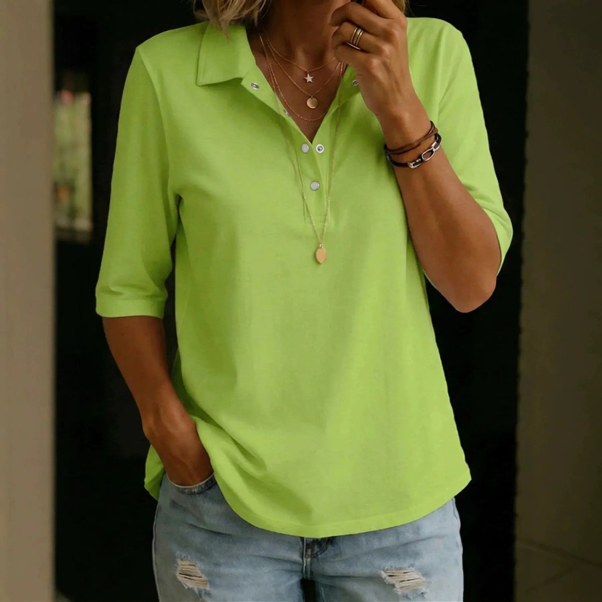 Women's Lapel Collar Blouse – Relaxed Three-Quarter Sleeve