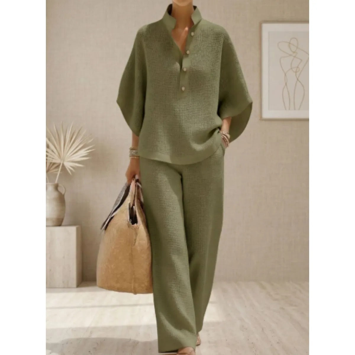 Women's Linen-Blend Co-ord Set – Oversized V-Neck Top