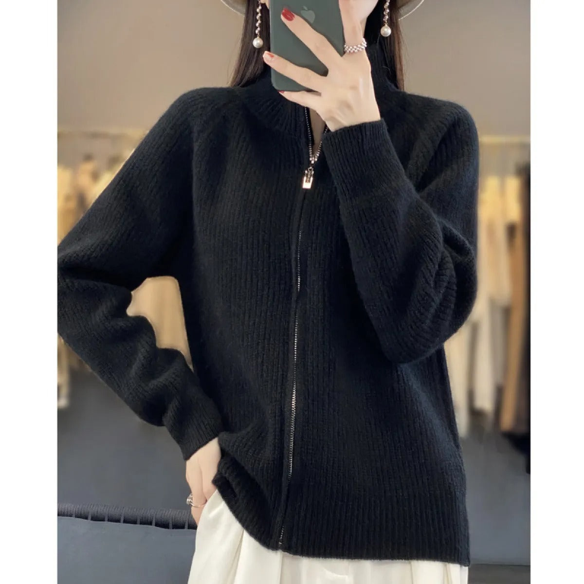 Women's Wool Cardigan – Zip-Up High Neck