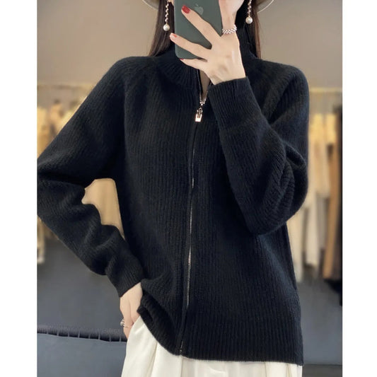 Women's Wool Cardigan – Zip-Up High Neck