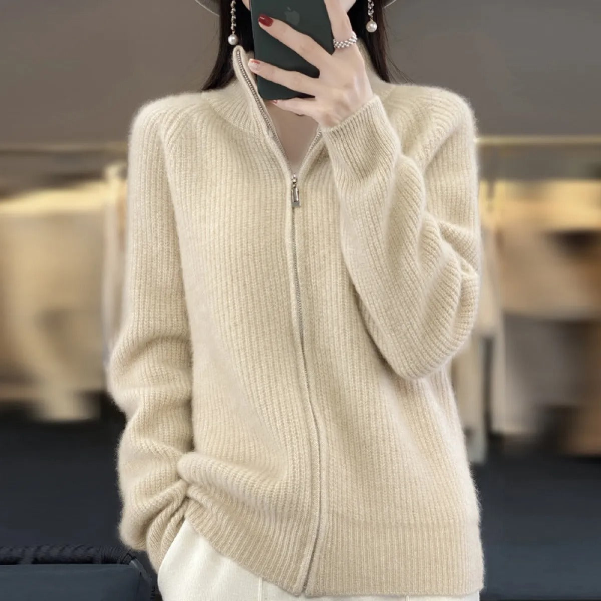 Women's Wool Cardigan – Zip-Up High Neck