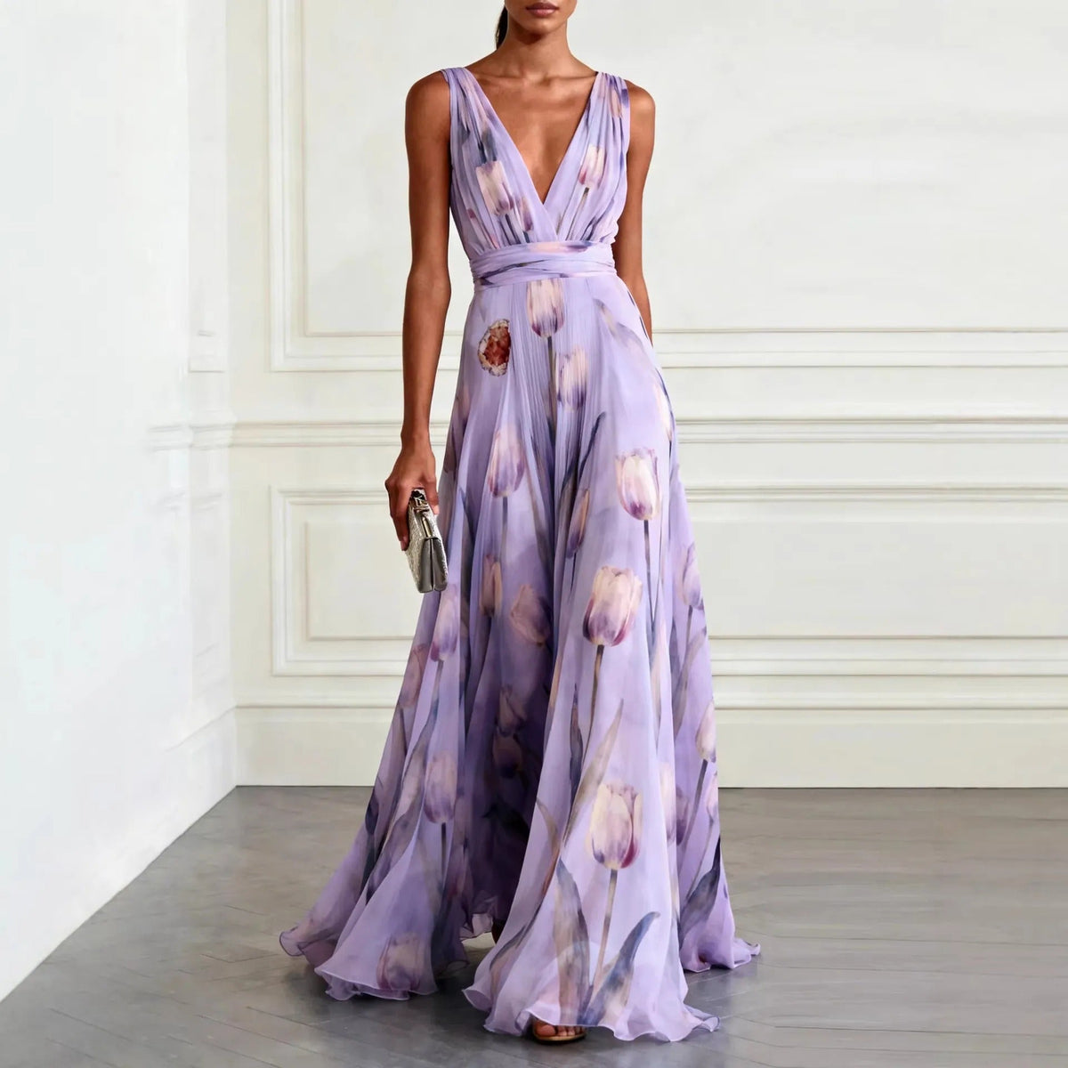 Women's Chiffon Maxi Dress – Sleeveless Tulip Print