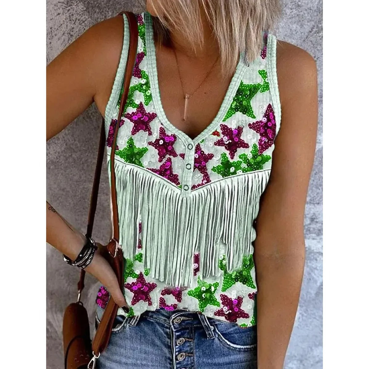Women's Sleeveless Cotton Tank Top – Printed V-Neck