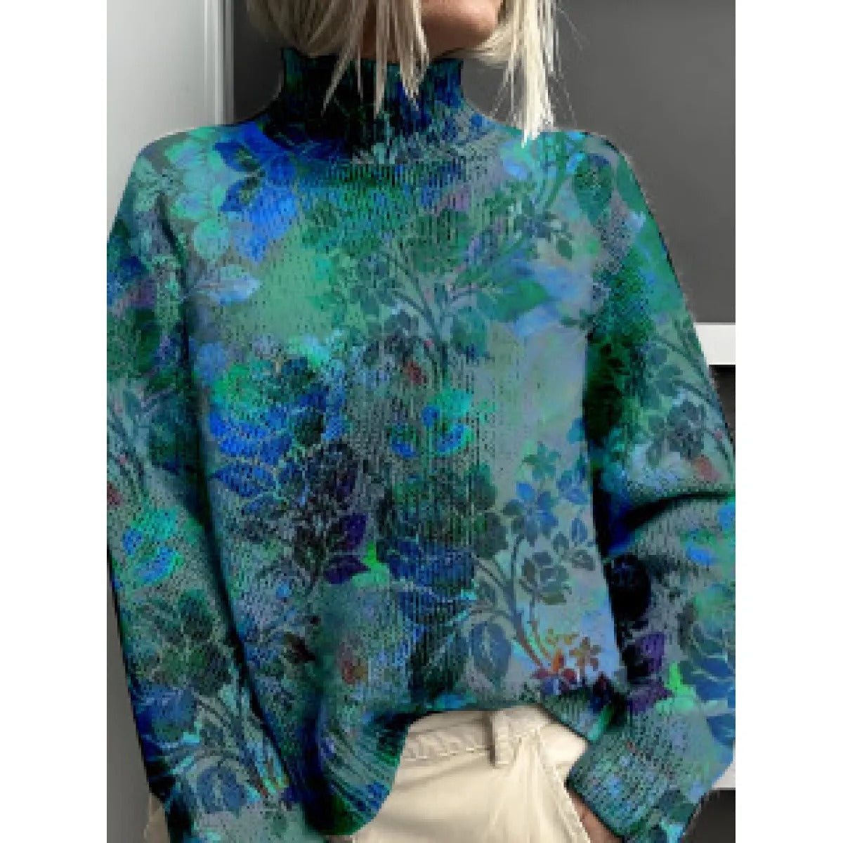 Women's Turtleneck Sweater – Relaxed Floral Knit