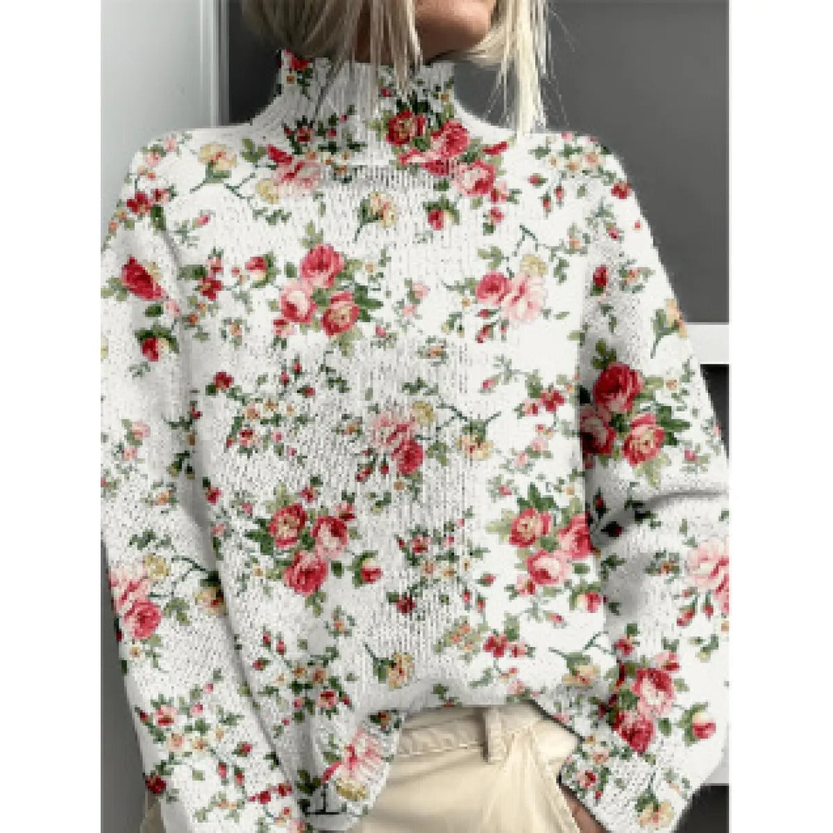 Women's Turtleneck Sweater – Relaxed Floral Knit