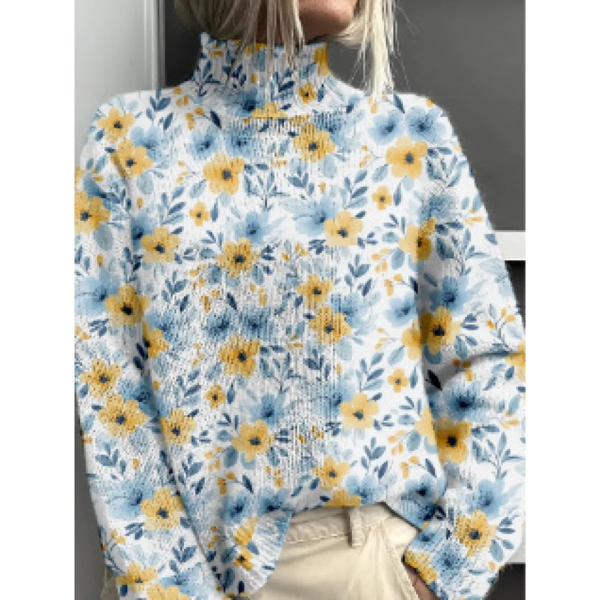 Women's Turtleneck Sweater – Relaxed Floral Knit