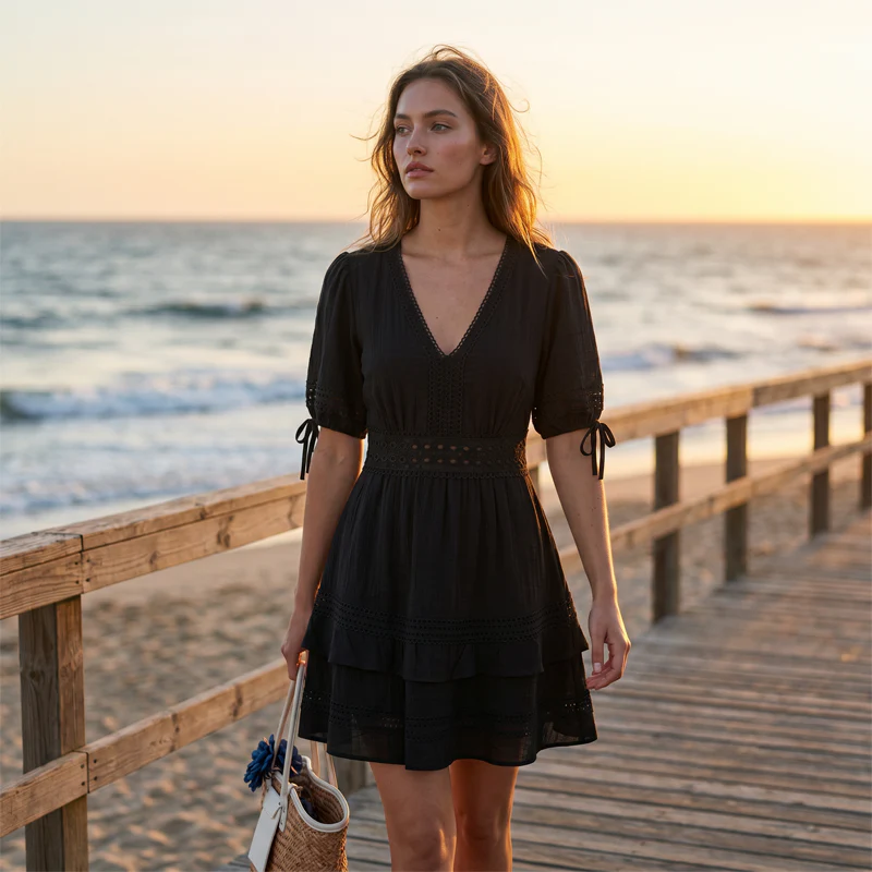 Women's Tiered Cotton-Blend Mini Dress – Lace Trim Detail