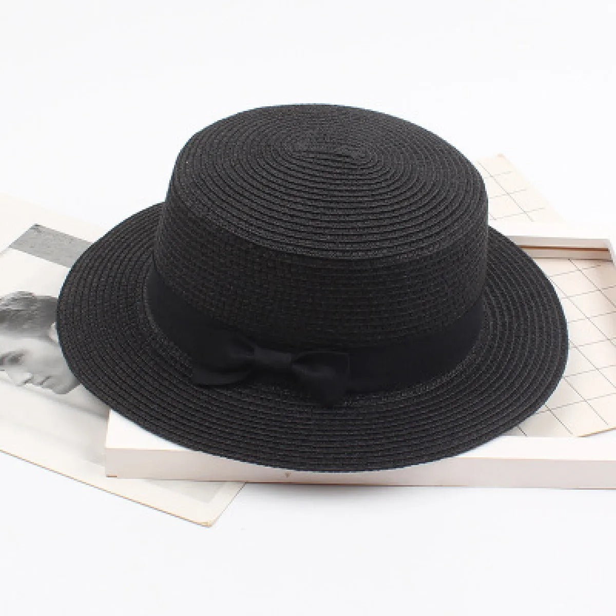 Women's Straw Boater Hat – Flat Crown with Ribbon