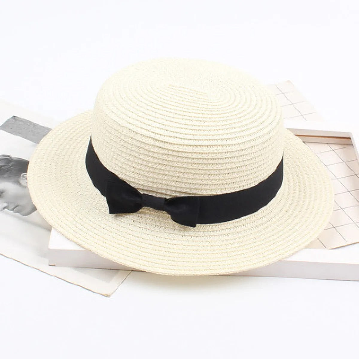 Women's Straw Boater Hat – Flat Crown with Ribbon