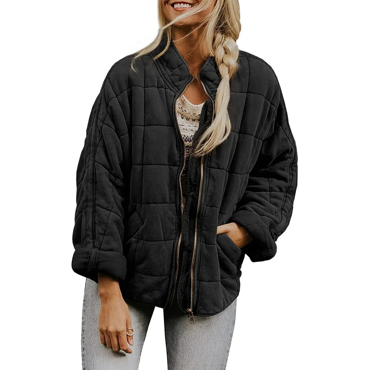 Women's Quilted Jacket – Stand Collar Diamond Stitch