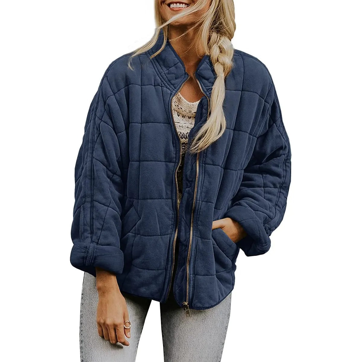 Women's Quilted Jacket – Stand Collar Diamond Stitch