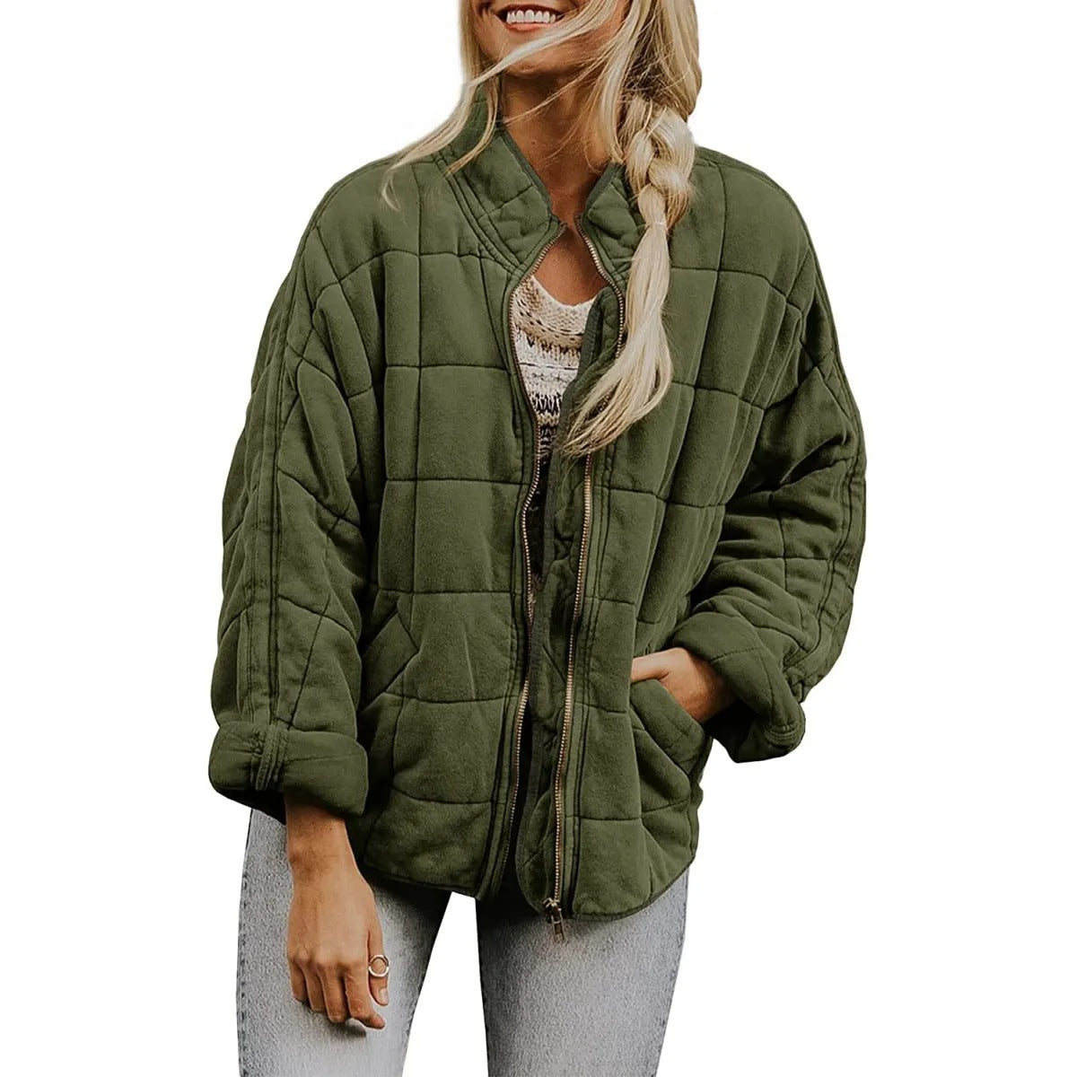 Women's Quilted Jacket – Stand Collar Diamond Stitch