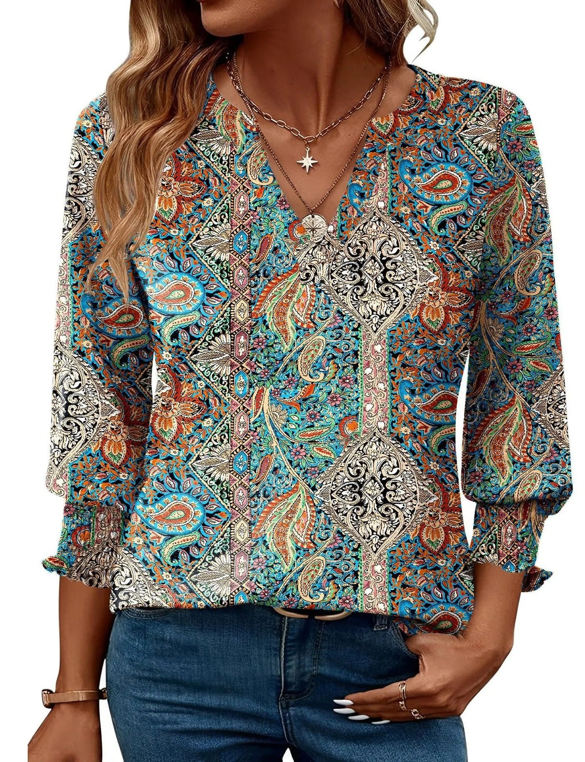 Women's Printed Blouse – Relaxed Three-Quarter Sleeve