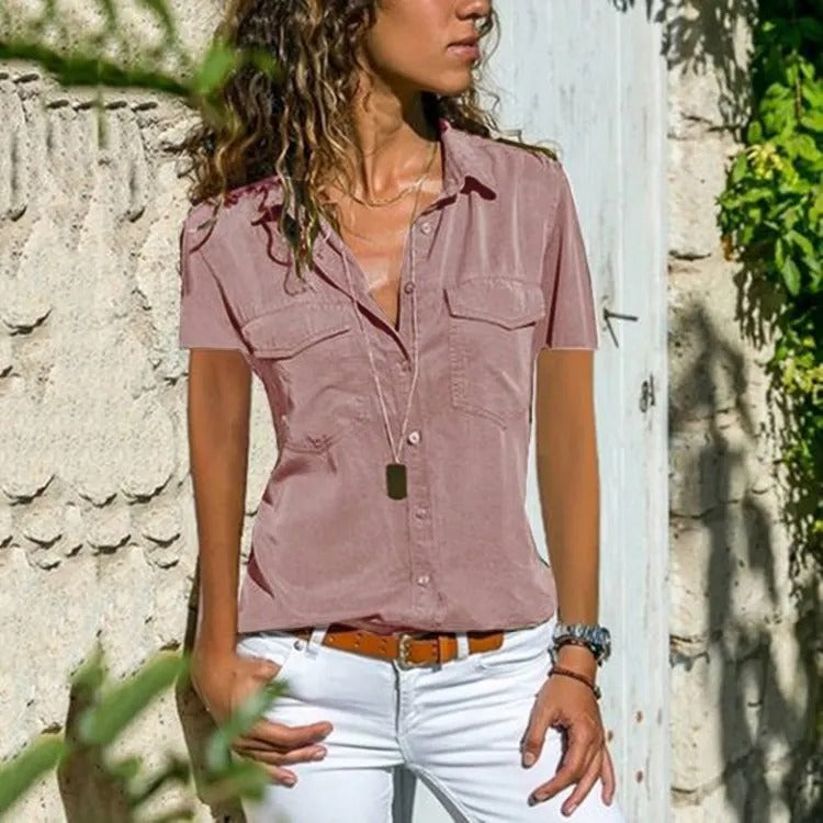 Women's Button-Front Blouse – Short-Sleeve Lapel Collar